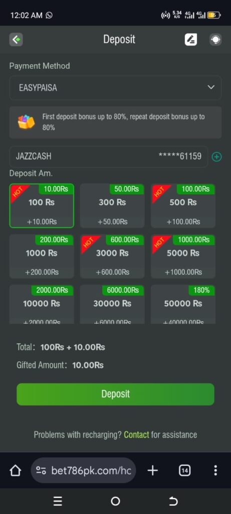 Bet786pk Game deposit