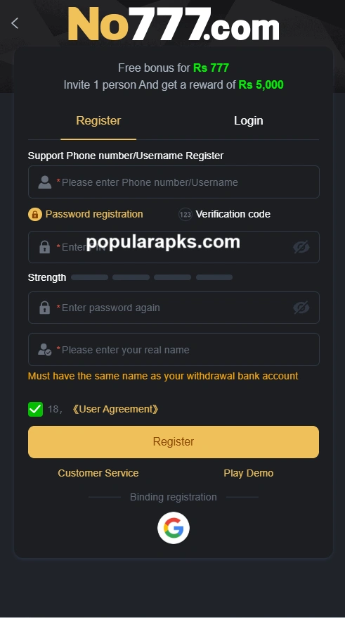 NO777 Game interface screenshot