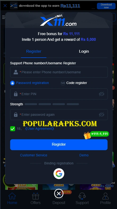 X111 Game Download Login Page