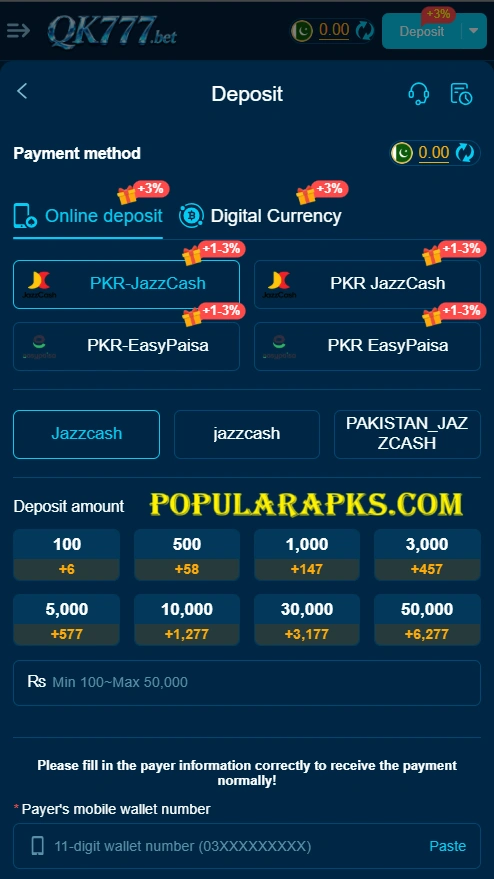 QK777 Game Apk Money Deposit