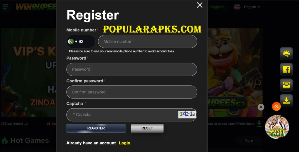 Win upees Game Login page